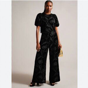 NWOT TED BAKER BETTIAT BLACK FLORAL VELVET WIDE LEG PALAZZO FLOWY PANTS - L